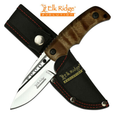 Elk Ridge Evolution Mirror Polished Fixed Blade Knife - Maple Burl Wood Handle #ere-fix022-bw