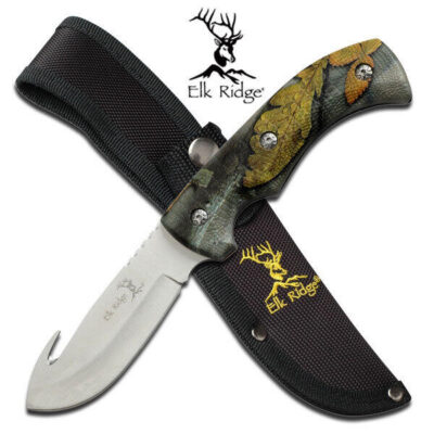 Elk Ridge 8.5 Inch Gut Hook Fixed Blade Hunting Knife W Sheath - Forest Camo #er-274fc
