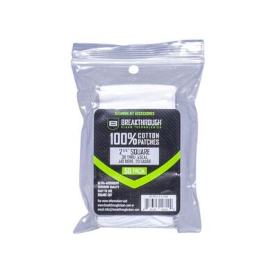 Breakthrough Clean Technologies Cotton Patches - 2.25" Square, .38 Thru .45 Caliber, .410 Bore & 20-gauge, 50-pack W/ Plastic Tray #btcps21450