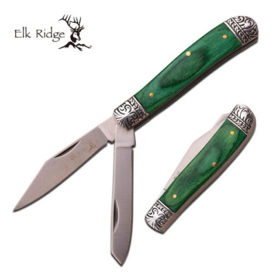 Elk Ridge Twin Blade Clip & Spey Gentleman's Knife - Green Wood 3.5 Inch Overall #er-220gw